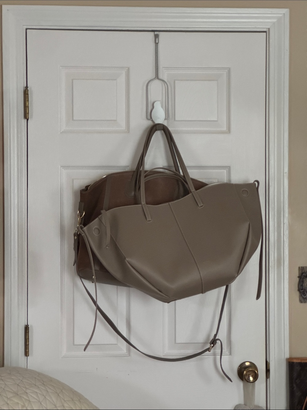 Minimalist Taupe Tote with Detachable Pouch - Picture 3 of 14